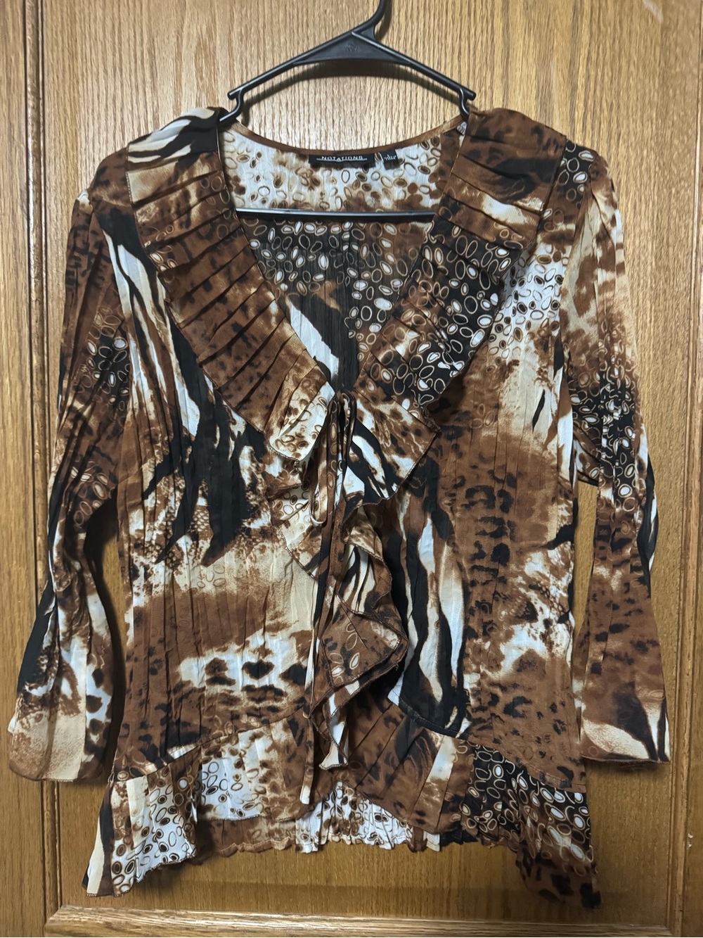 Notations Brown and Black Ruffled V-Neck Blouse